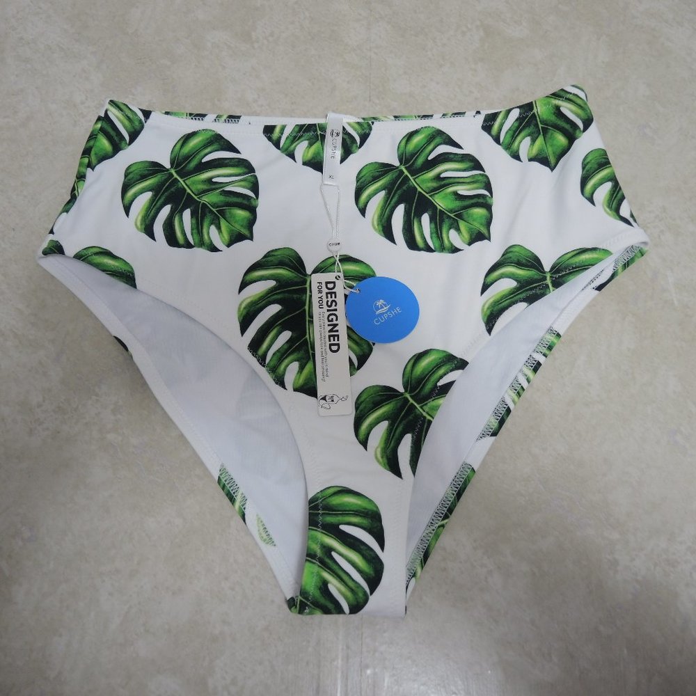 4/$25 Cupshe High Waisted Swim Bottoms White w/ Green Tropical Leaf Print Sz XL